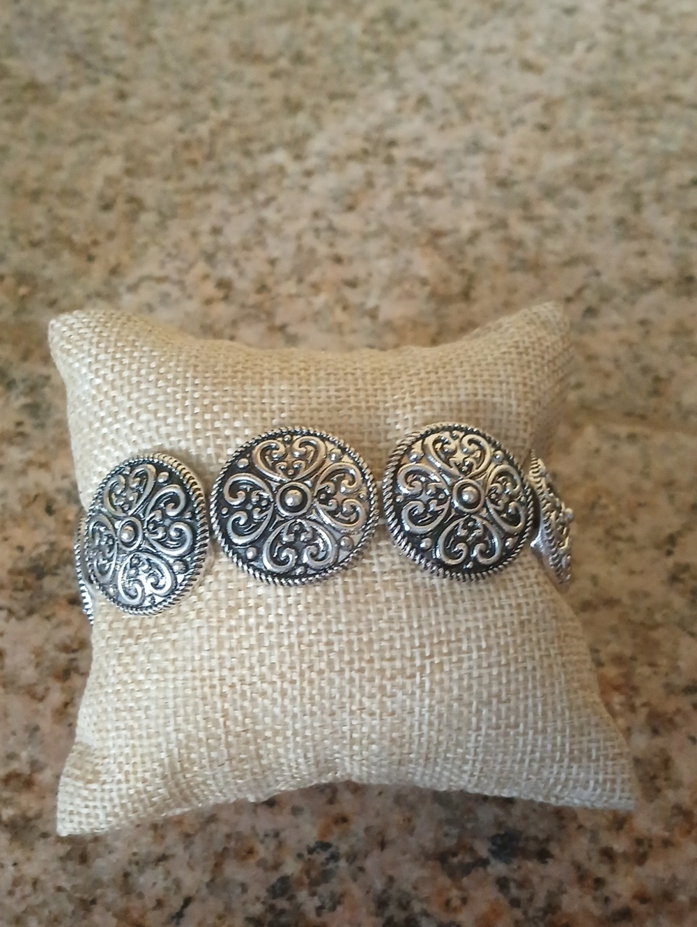 Ornate Silver-Tone Filigree Button Stretch Bracelet